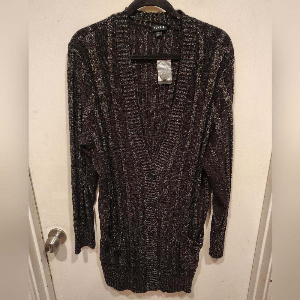 Torrid NWT Black Metallic Cable Knit Boyfriend Cardigan Sweater Sz 2X Casual